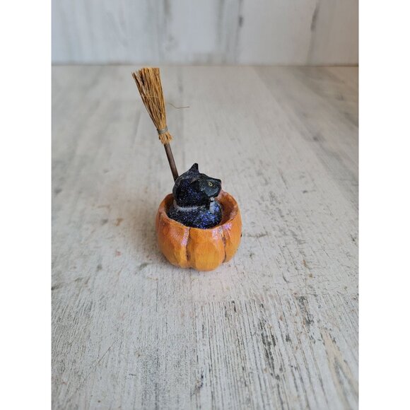 PS cat rustic miniature pumpkin broom Halloween figure decor vintage - Picture 3 of 7
